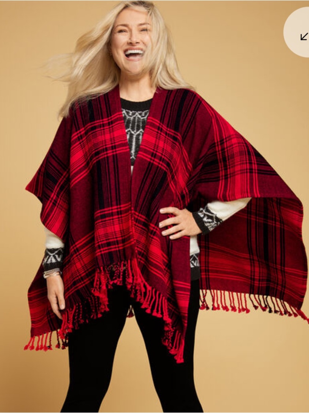 Talbots Red and Black Plaid Wool Blend Poncho with Fringe One Size - Picture 3 of 10